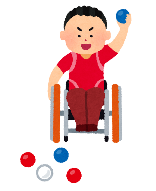 車いすに座って青いボールを投げている選手のイラスト